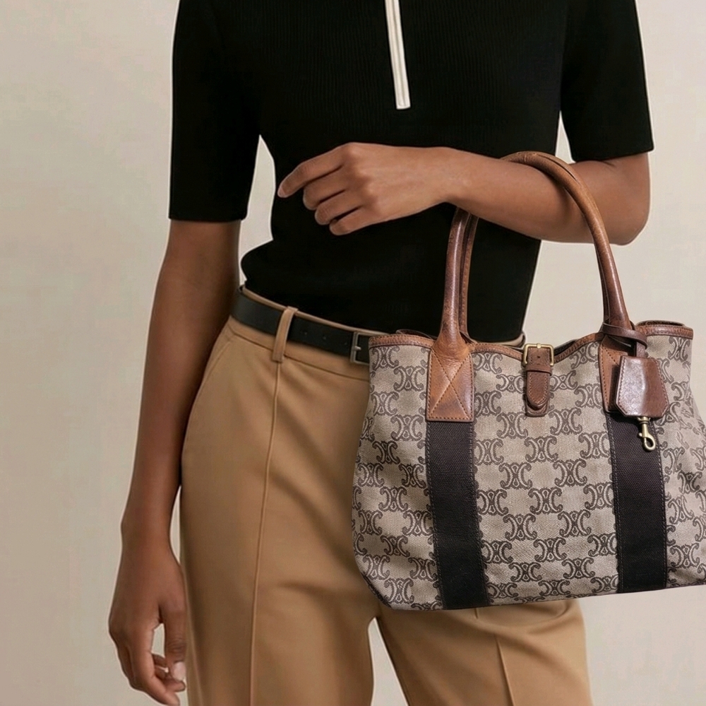 Celine Tan and Brown Patterned Satchel